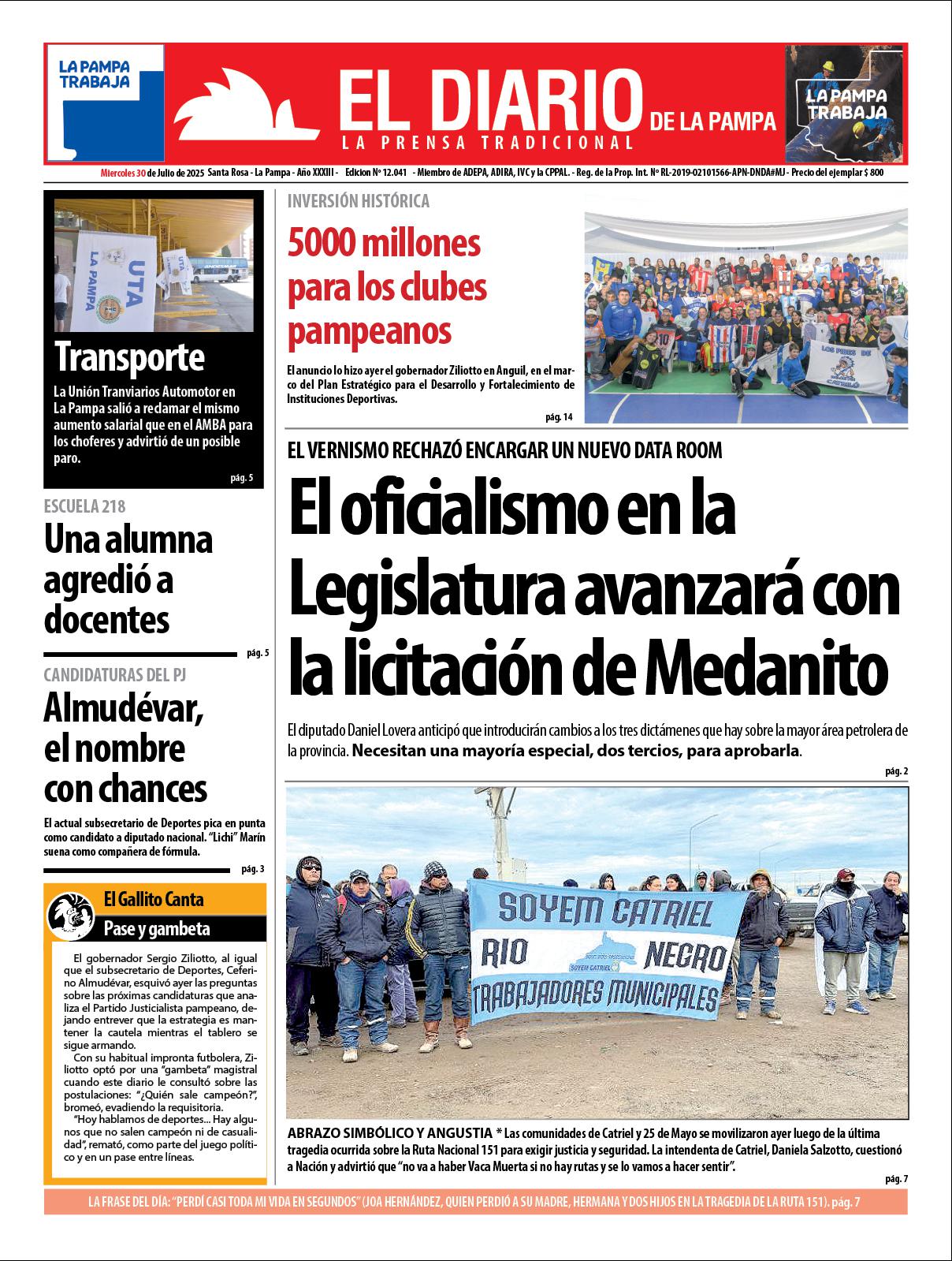 Tapa de El Diario en papel  mieacutercoles 30 de julio de 2025